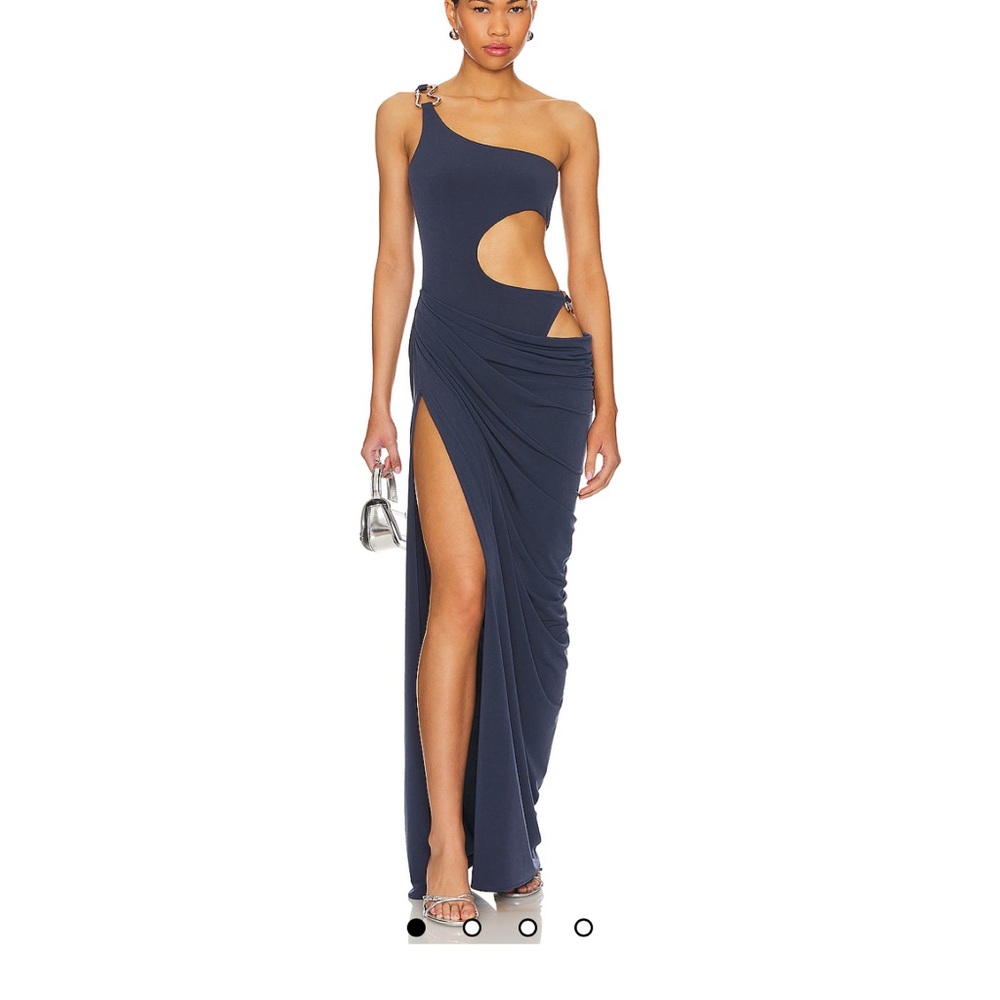 NBD Navy One-Shoulder Cutout Draped Gown